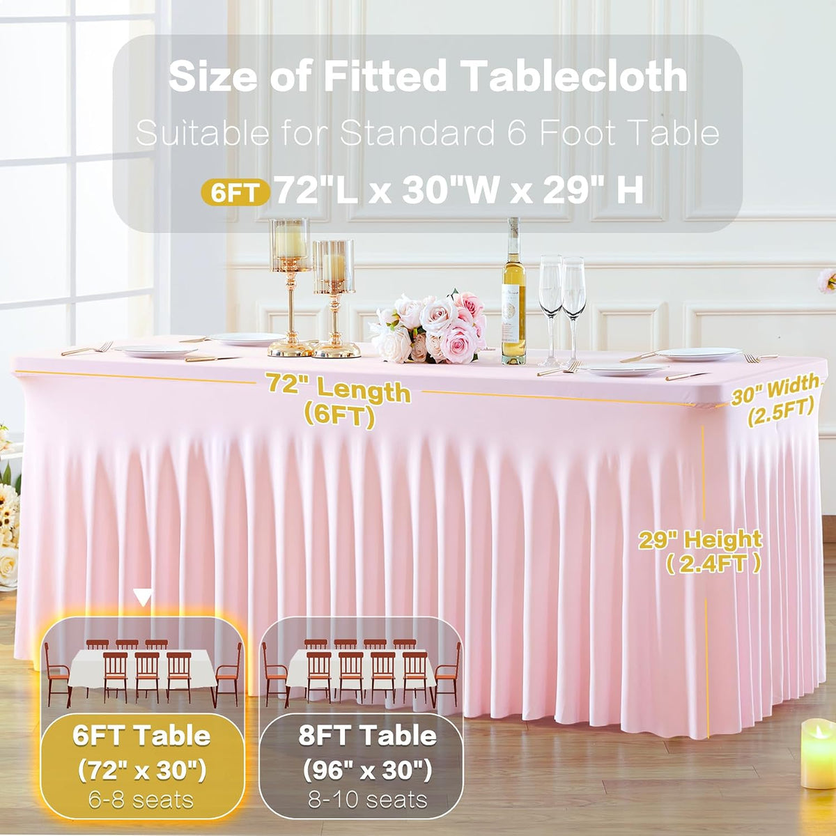 2 Pack Pink Table Cloth for 6 Foot Rectangle Tables Spandex Fitted Tablecloth 6ft Stretch Table Covers Skirt Pink Banquet Tablecloths Wrinkle Free Tablecloth for Party Wedding Birthday Event