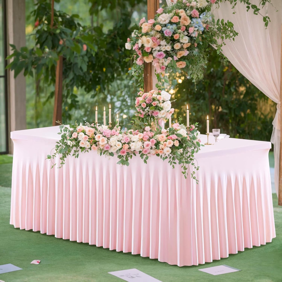 2 Pack Pink Table Cloth for 6 Foot Rectangle Tables Spandex Fitted Tablecloth 6ft Stretch Table Covers Skirt Pink Banquet Tablecloths Wrinkle Free Tablecloth for Party Wedding Birthday Event