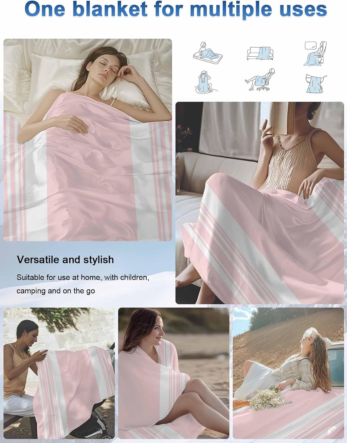 Pink Striped Cooling Blanket - 30"x40" Modern Classic Stripe Rustic Farmhouse Country Summer Cooling Blankets for Hot Sleepers, Keeps Cool for Night Sweats Lightweight Blanket for Couch Bed
