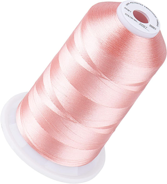 5500Yds 40WT Polyester Embroidery Thread Md Peachy Pink S087 | High-yardage 5000M spool offers smooth feeding and stable 40WT polyester thread for home and commercial embroidery machines.