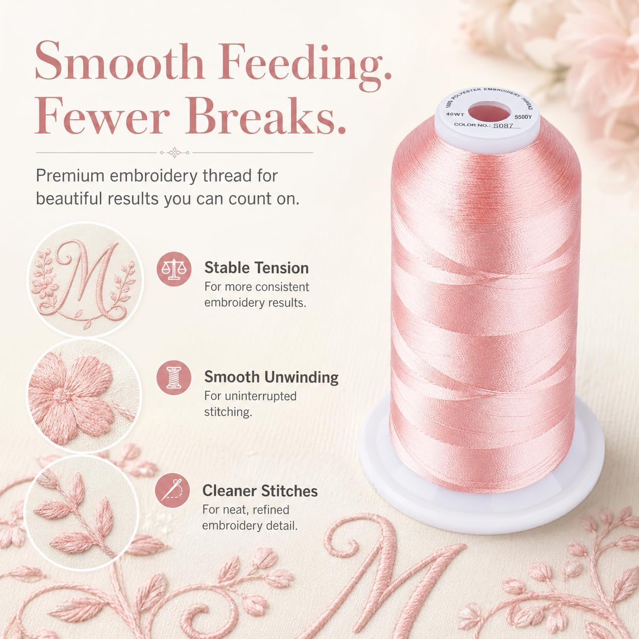 5500Yds 40WT Polyester Embroidery Thread Md Peachy Pink S087 | High-yardage 5000M spool offers smooth feeding and stable 40WT polyester thread for home and commercial embroidery machines.