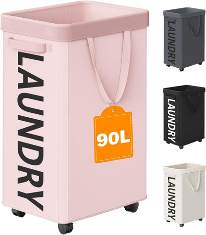 90L Laundry Basket with Wheels, Rolling Hamper with Removable Bag