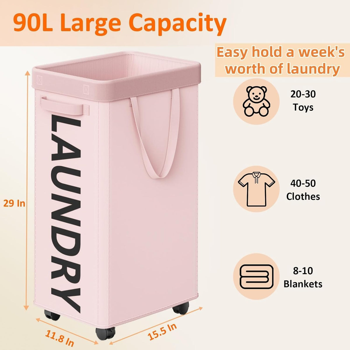 90L Laundry Basket with Wheels, Rolling Hamper with Removable Bag