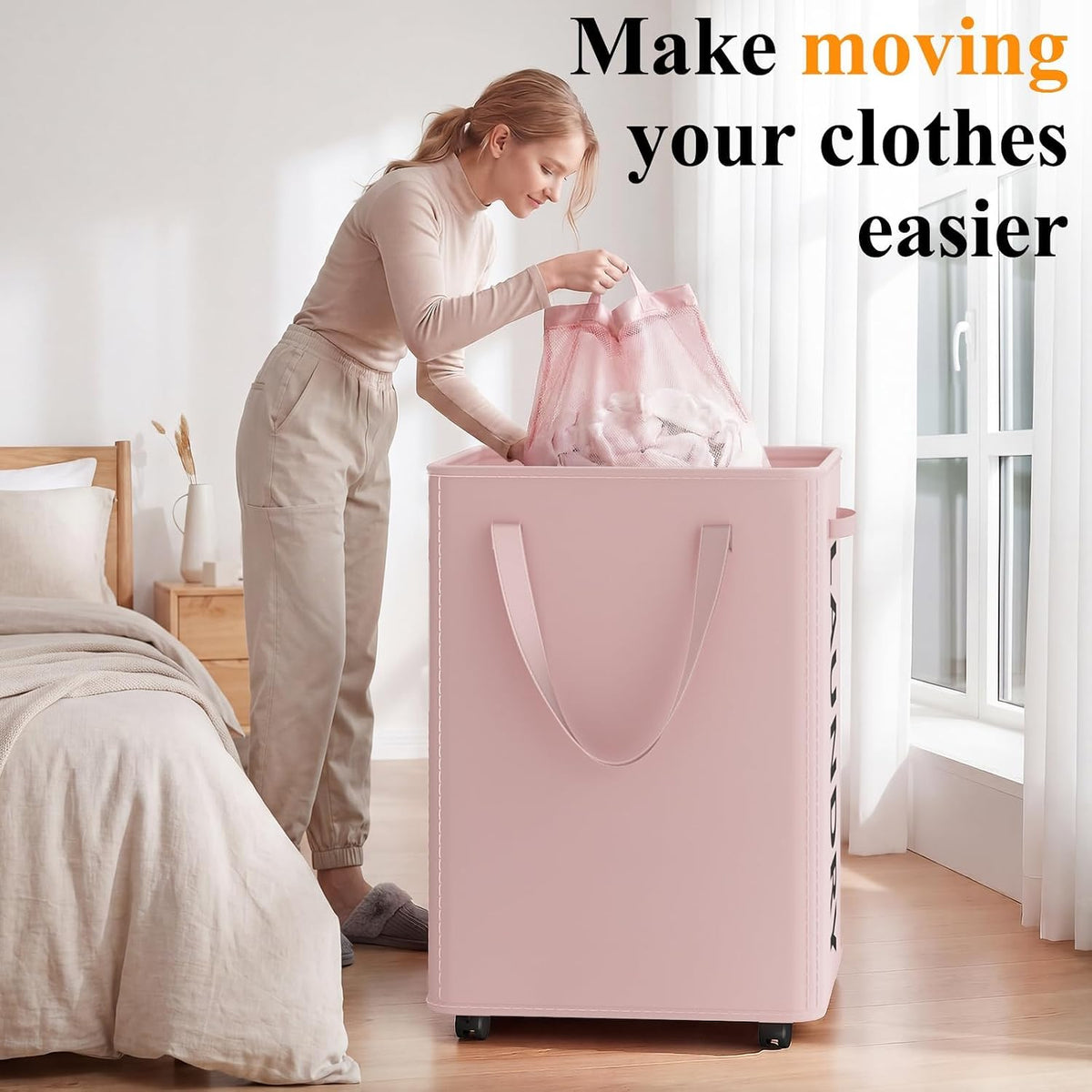 90L Laundry Basket with Wheels, Rolling Hamper with Removable Bag