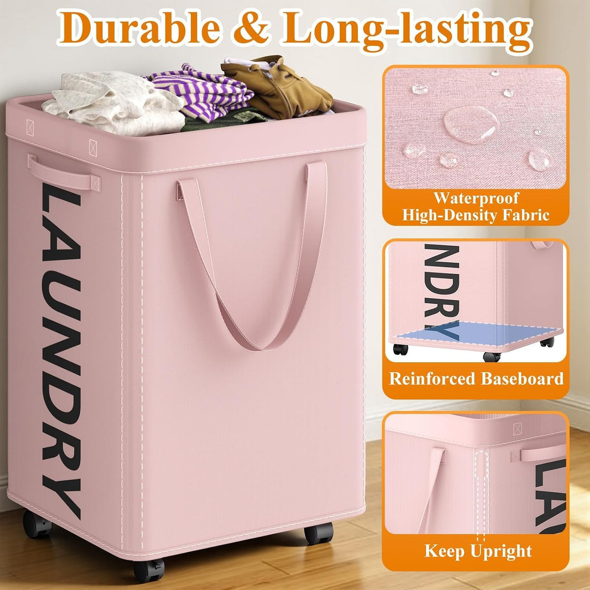 90L Laundry Basket with Wheels, Rolling Hamper with Removable Bag