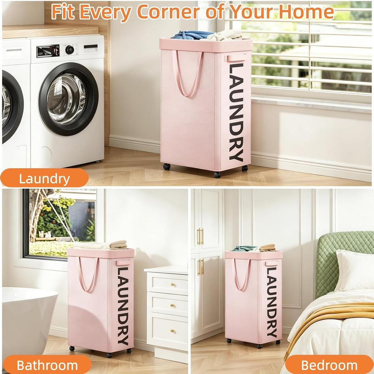 90L Laundry Basket with Wheels, Rolling Hamper with Removable Bag