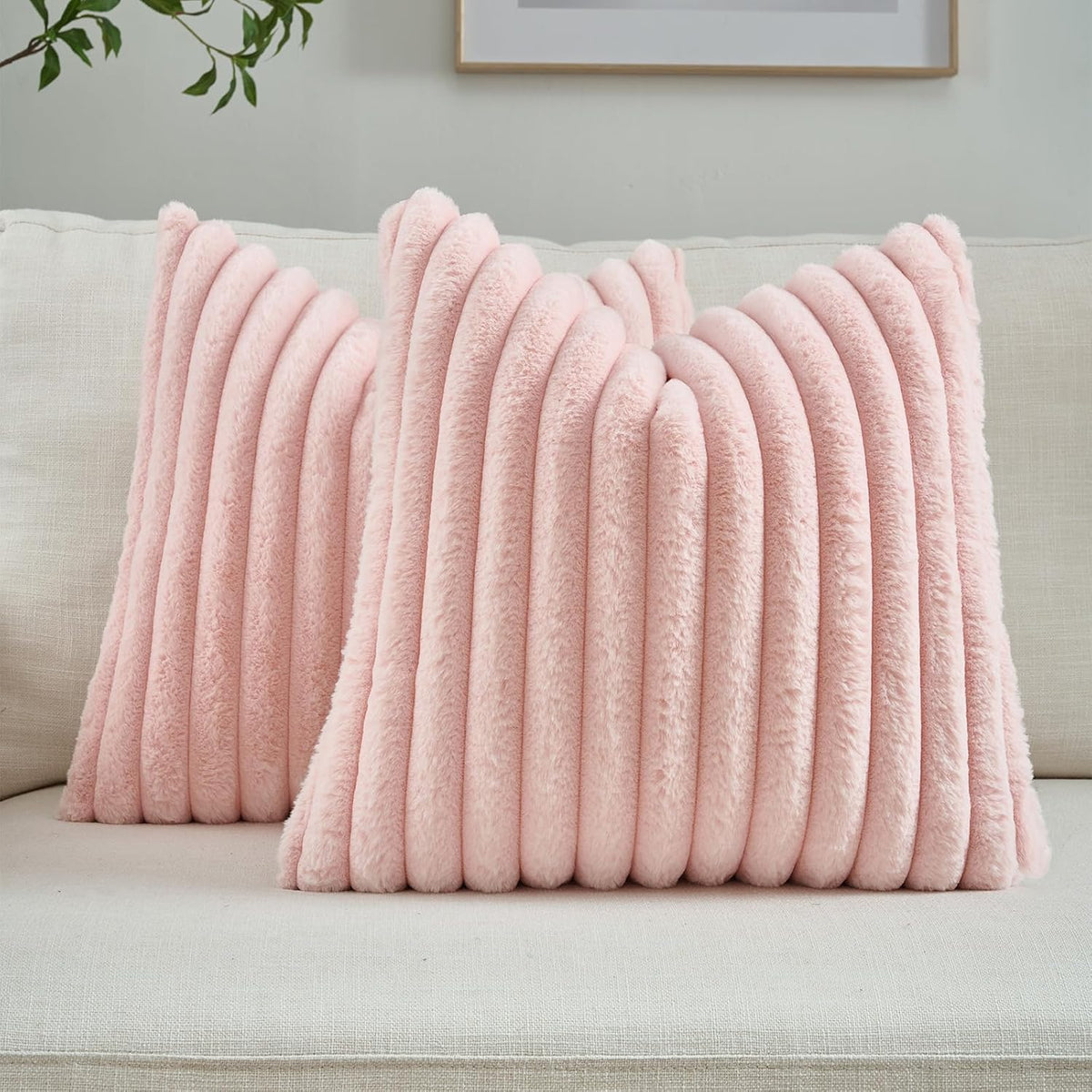 Pack of 2 Faux Fur Throw Pillow Covers 18x18 Inch, Pink