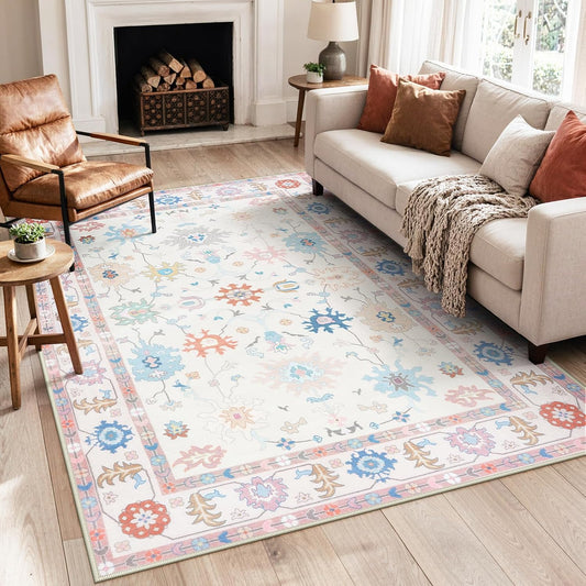 Washable Oushak Area Rug 5x7 for Living Room, Stain Resistant Soft Bedroom Rug, Ultra-Thin Cream Colorful Vintage Traditional Floral Dining Room Rugs for Under Table Indoor Carpet Turkish