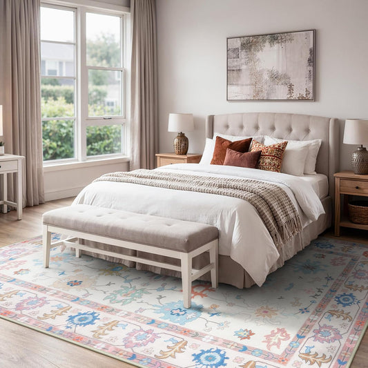 Washable Oushak Area Rug 5x7 for Living Room, Stain Resistant Soft Bedroom Rug, Ultra-Thin Cream Colorful Vintage Traditional Floral Dining Room Rugs for Under Table Indoor Carpet Turkish