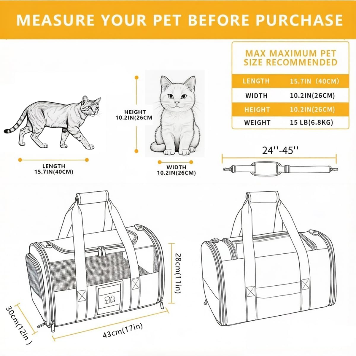 Cat Carrier Pet Dog Carrier Airline Approved for Puppy Cat Carrier Under 15 lbs, Collapsible Soft Sided Airline Approved Cat Carriers, Grey