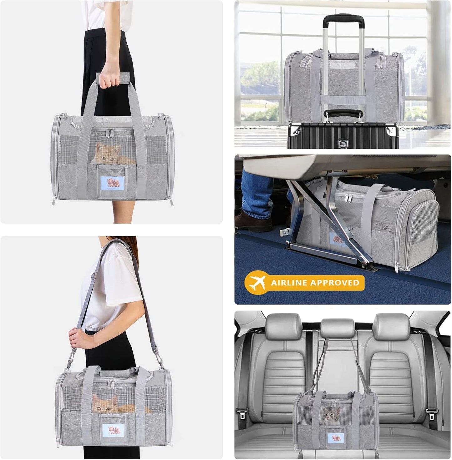 Cat Carrier Pet Dog Carrier Airline Approved for Puppy Cat Carrier Under 15 lbs, Collapsible Soft Sided Airline Approved Cat Carriers, Grey