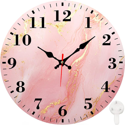 Round Wall Clock Silent Battery Operated, Pink Gold Marble 12 Inch Non-Ticking Easy to Read Display Round Analog Wall Clock Decorative for Office,Bedroom,Living Room and Kitchen