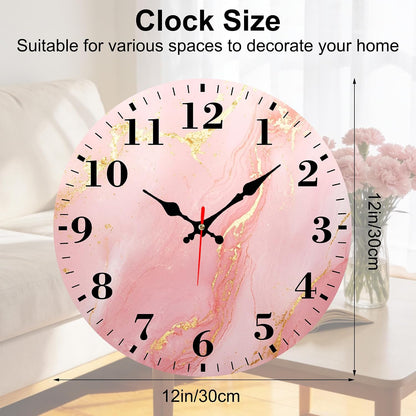 Round Wall Clock Silent Battery Operated, Pink Gold Marble 12 Inch Non-Ticking Easy to Read Display Round Analog Wall Clock Decorative for Office,Bedroom,Living Room and Kitchen