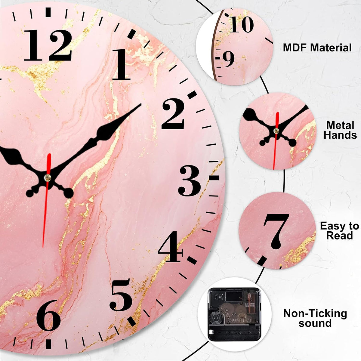 Round Wall Clock Silent Battery Operated, Pink Gold Marble 12 Inch Non-Ticking Easy to Read Display Round Analog Wall Clock Decorative for Office,Bedroom,Living Room and Kitchen