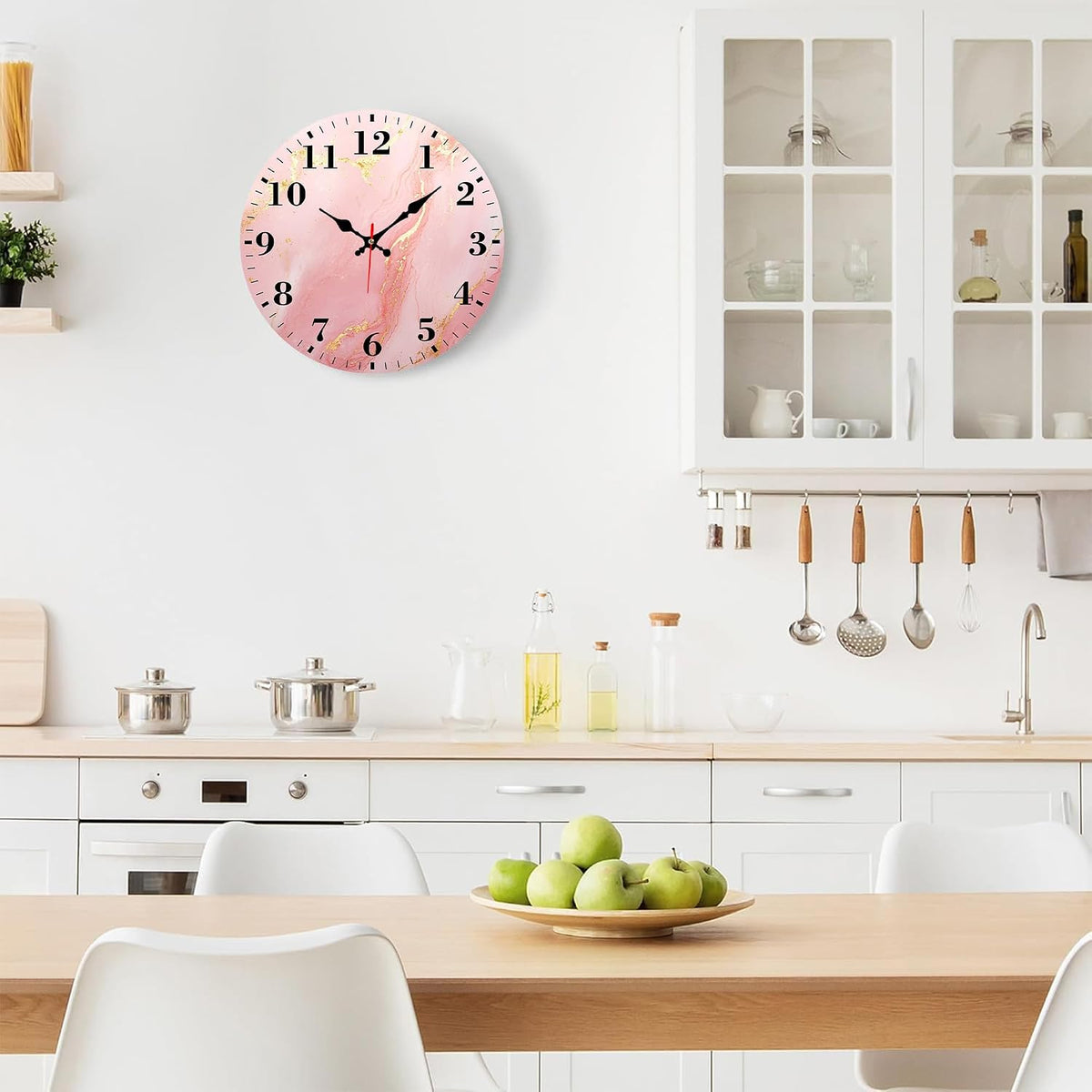 Round Wall Clock Silent Battery Operated, Pink Gold Marble 12 Inch Non-Ticking Easy to Read Display Round Analog Wall Clock Decorative for Office,Bedroom,Living Room and Kitchen