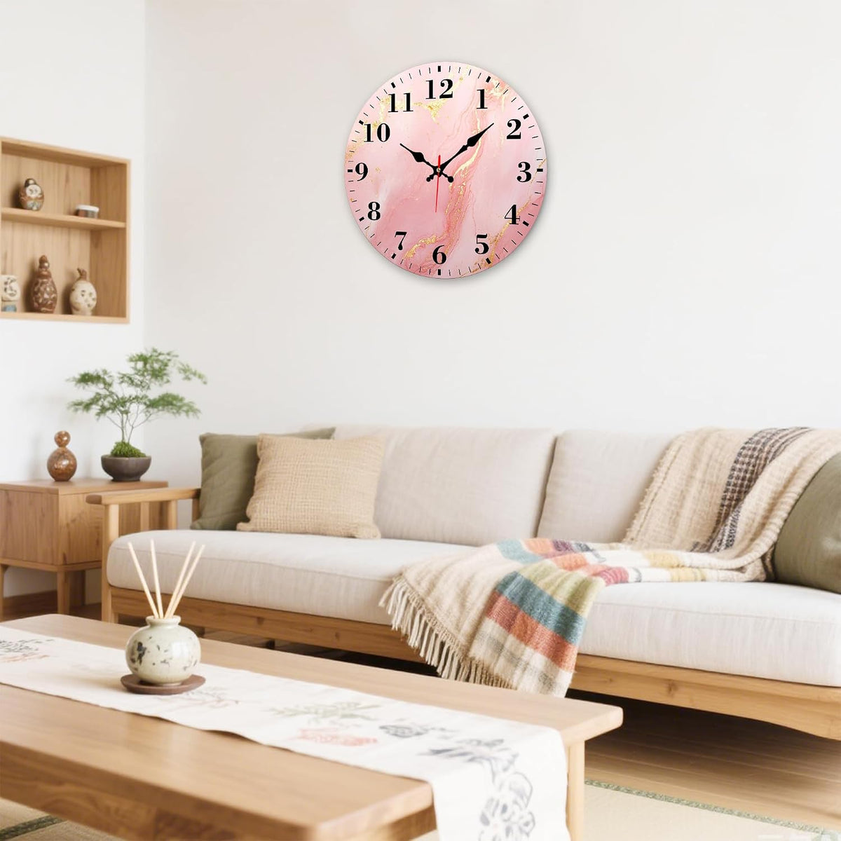 Round Wall Clock Silent Battery Operated, Pink Gold Marble 12 Inch Non-Ticking Easy to Read Display Round Analog Wall Clock Decorative for Office,Bedroom,Living Room and Kitchen