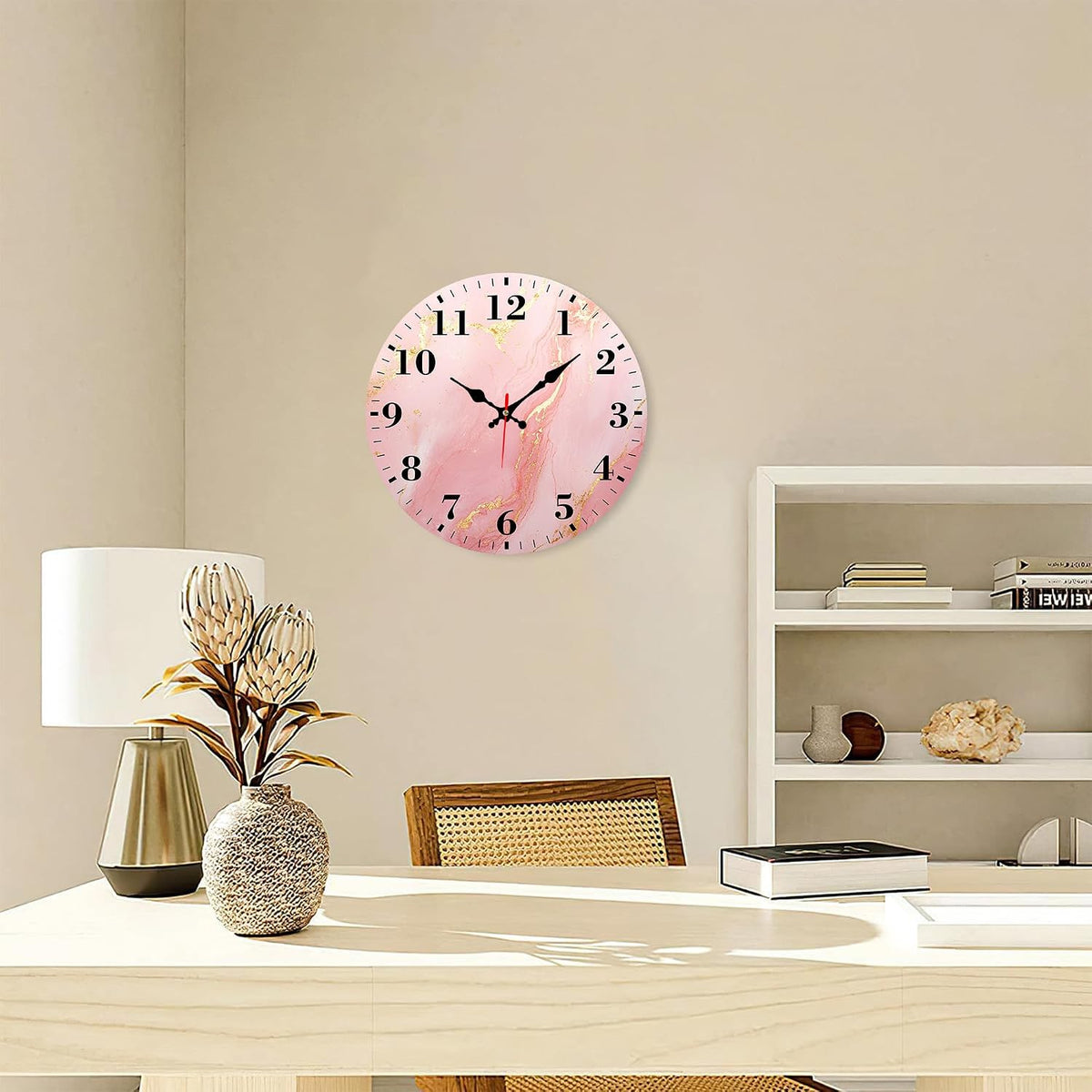 Round Wall Clock Silent Battery Operated, Pink Gold Marble 12 Inch Non-Ticking Easy to Read Display Round Analog Wall Clock Decorative for Office,Bedroom,Living Room and Kitchen