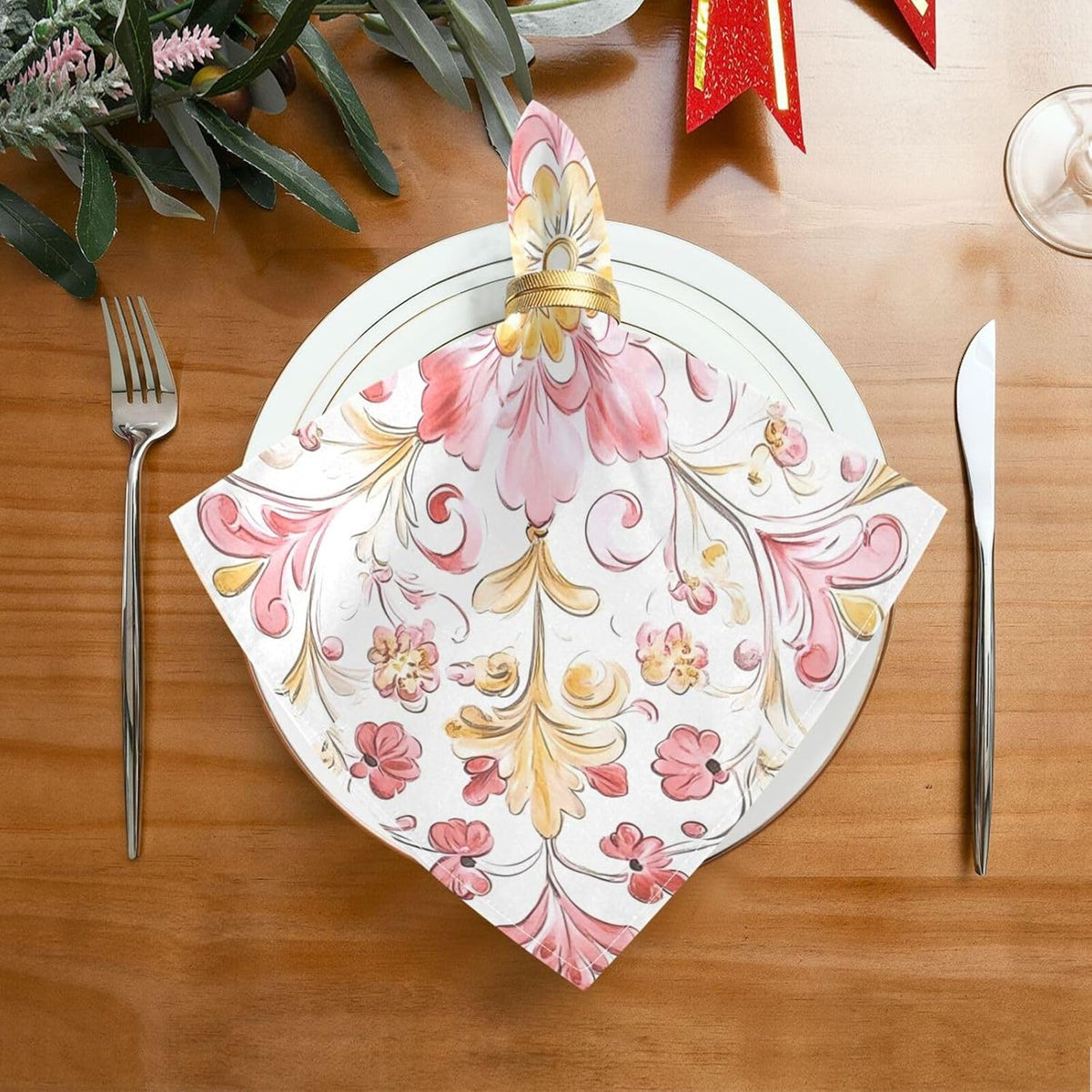 Dinner Napkins Cloth Print Retro Trendy Floral Paisley Gold Peach Everyday Polyester Napkins Cloth Dinner Set of 6 20 x 20in