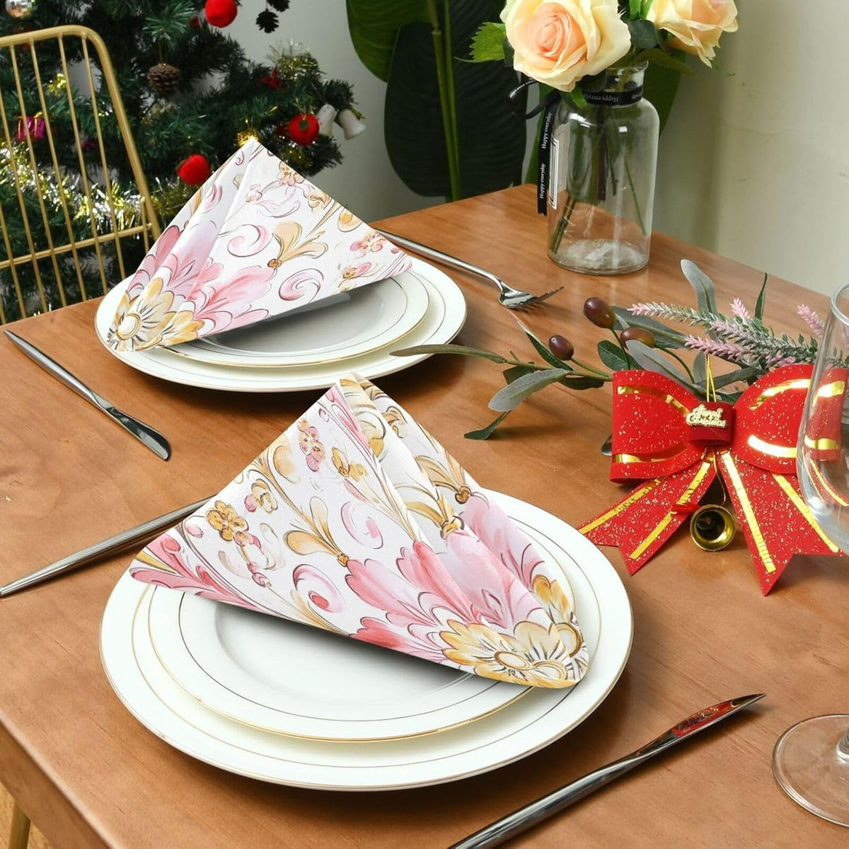 Dinner Napkins Cloth Print Retro Trendy Floral Paisley Gold Peach Everyday Polyester Napkins Cloth Dinner Set of 6 20 x 20in