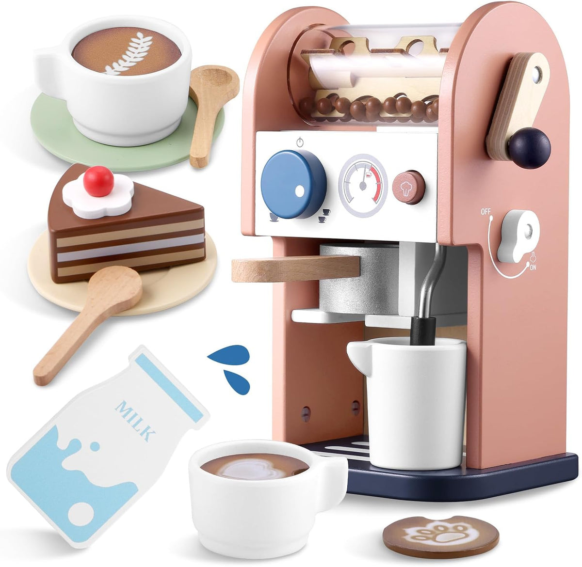 Wooden Coffee Maker Toy 14 pcs Play Kitchen Accessories Toy Coffee Maker for Kids Pretend Playset Toddler Coffee Maker Gifts for Boys and Girls