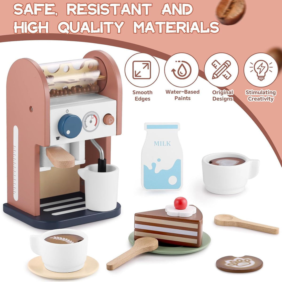 Wooden Coffee Maker Toy 14 pcs Play Kitchen Accessories Toy Coffee Maker for Kids Pretend Playset Toddler Coffee Maker Gifts for Boys and Girls