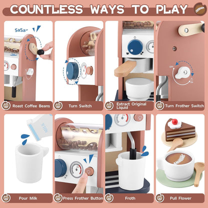 Wooden Coffee Maker Toy 14 pcs Play Kitchen Accessories Toy Coffee Maker for Kids Pretend Playset Toddler Coffee Maker Gifts for Boys and Girls