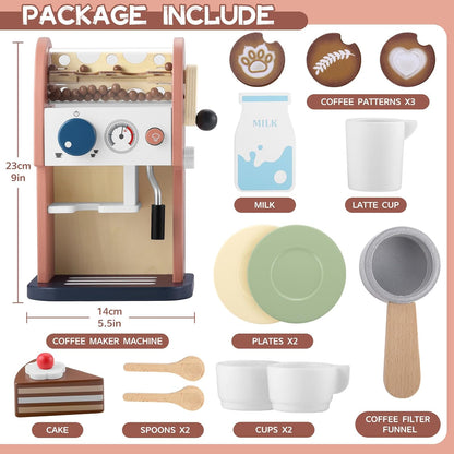 Wooden Coffee Maker Toy 14 pcs Play Kitchen Accessories Toy Coffee Maker for Kids Pretend Playset Toddler Coffee Maker Gifts for Boys and Girls