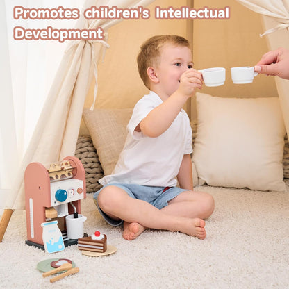 Wooden Coffee Maker Toy 14 pcs Play Kitchen Accessories Toy Coffee Maker for Kids Pretend Playset Toddler Coffee Maker Gifts for Boys and Girls