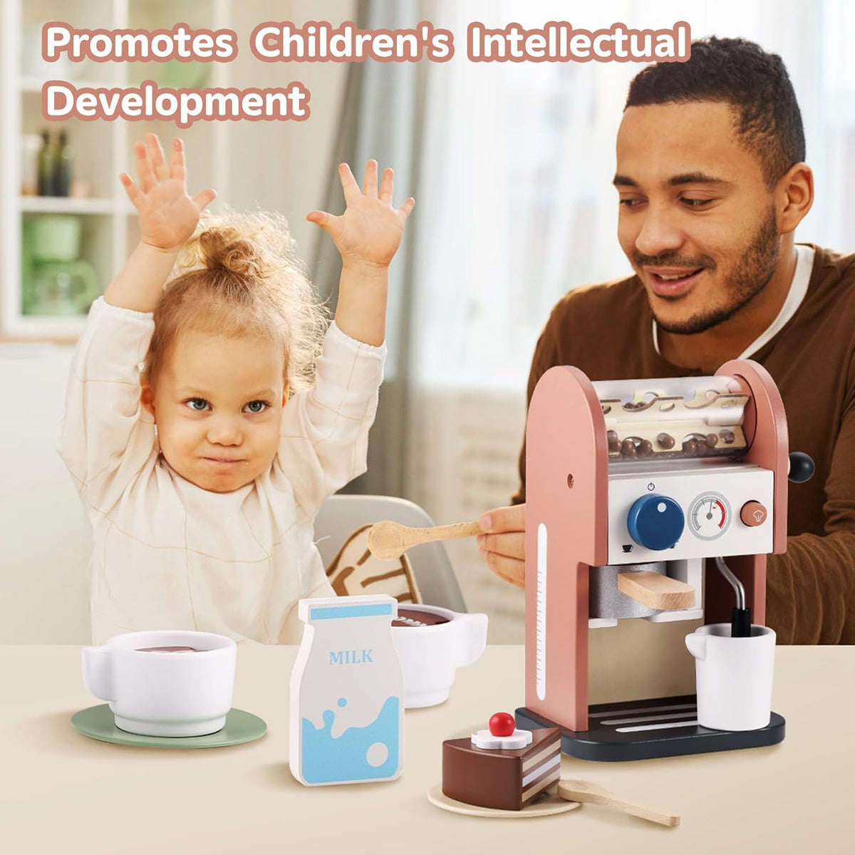 Wooden Coffee Maker Toy 14 pcs Play Kitchen Accessories Toy Coffee Maker for Kids Pretend Playset Toddler Coffee Maker Gifts for Boys and Girls
