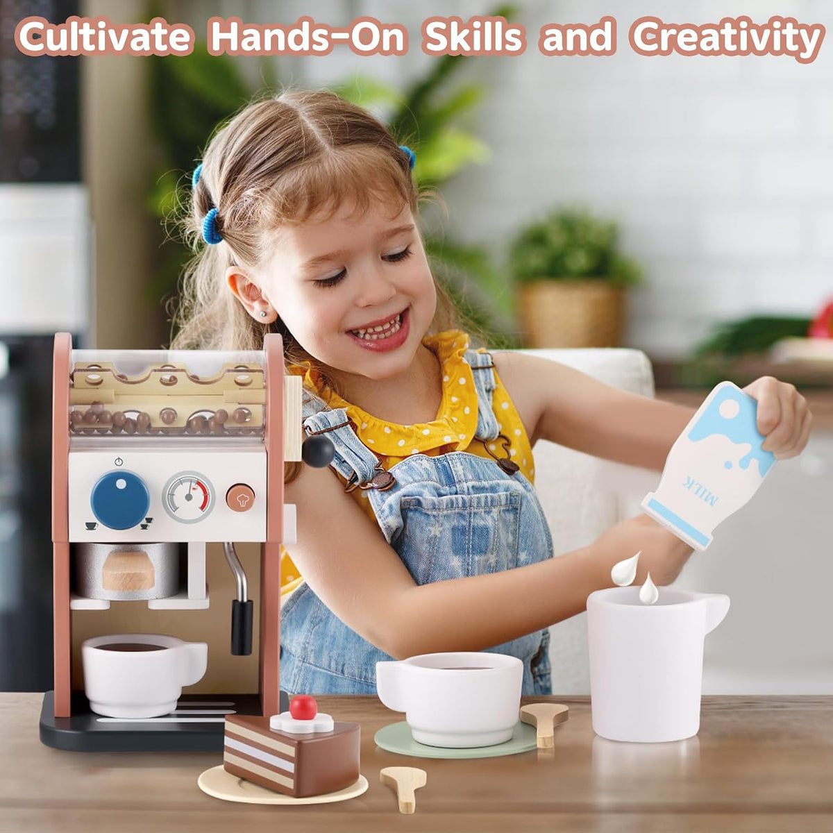 Wooden Coffee Maker Toy 14 pcs Play Kitchen Accessories Toy Coffee Maker for Kids Pretend Playset Toddler Coffee Maker Gifts for Boys and Girls