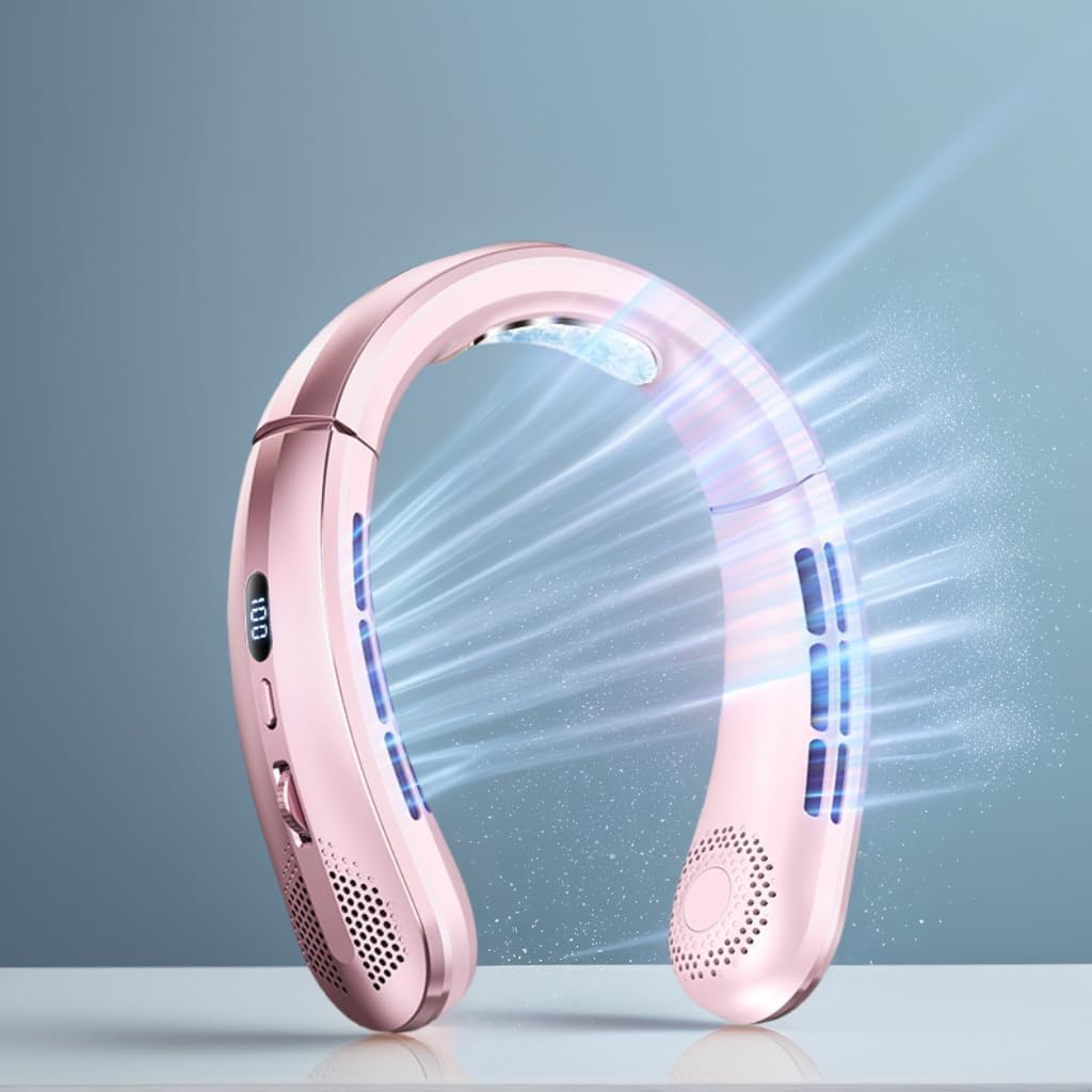 Portable Neck Cooling Fan, 100-Speed, Bladeless Design, USB-C Rechargeable, Ultra quiet at 60 wind speeds, digital display(ROSE PINK)