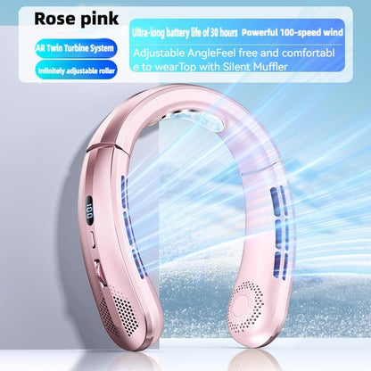 Portable Neck Cooling Fan, 100-Speed, Bladeless Design, USB-C Rechargeable, Ultra quiet at 60 wind speeds, digital display(ROSE PINK)
