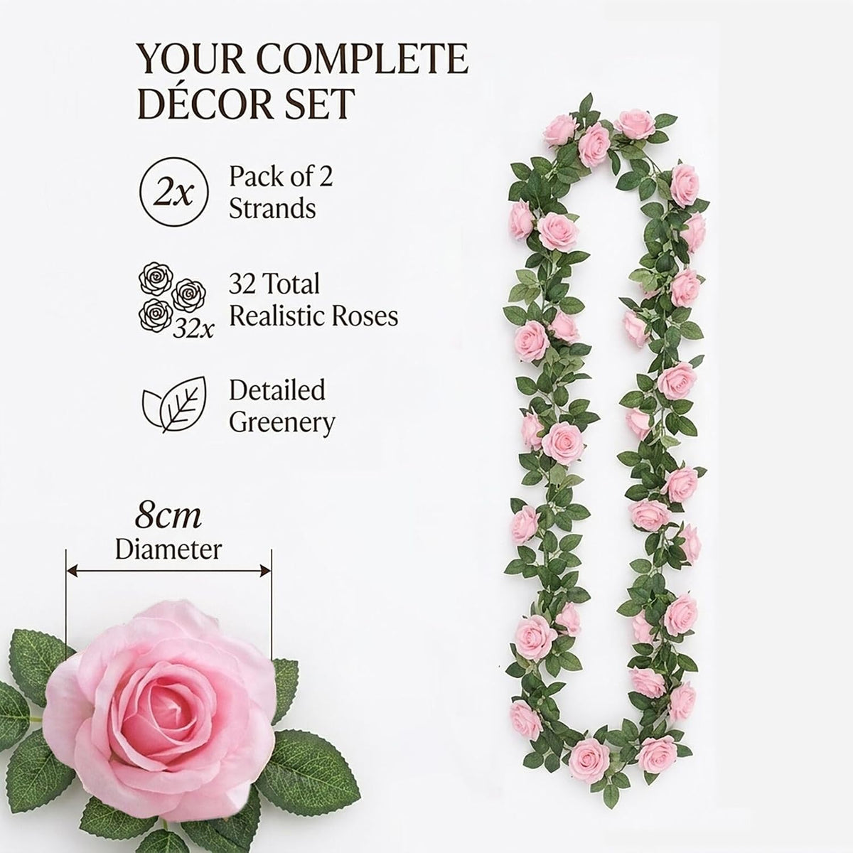 2 Pack Artificial Pink Rose Garland Vine