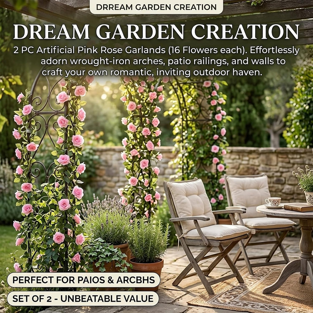 2 Pack Artificial Pink Rose Garland Vine