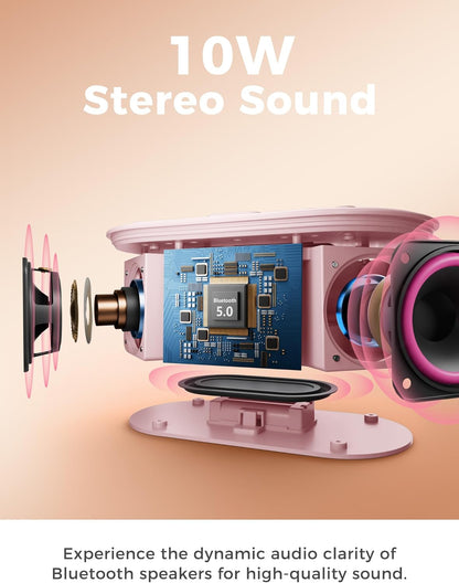 Wireless Charging Alarm Clock Radio: Qi Certified Fast Wireless Charger for iPhone Samsung - 10W Stereo Bluetooth Speaker - Dimmable Digital Clock with FM Radio for Bedroom Pink