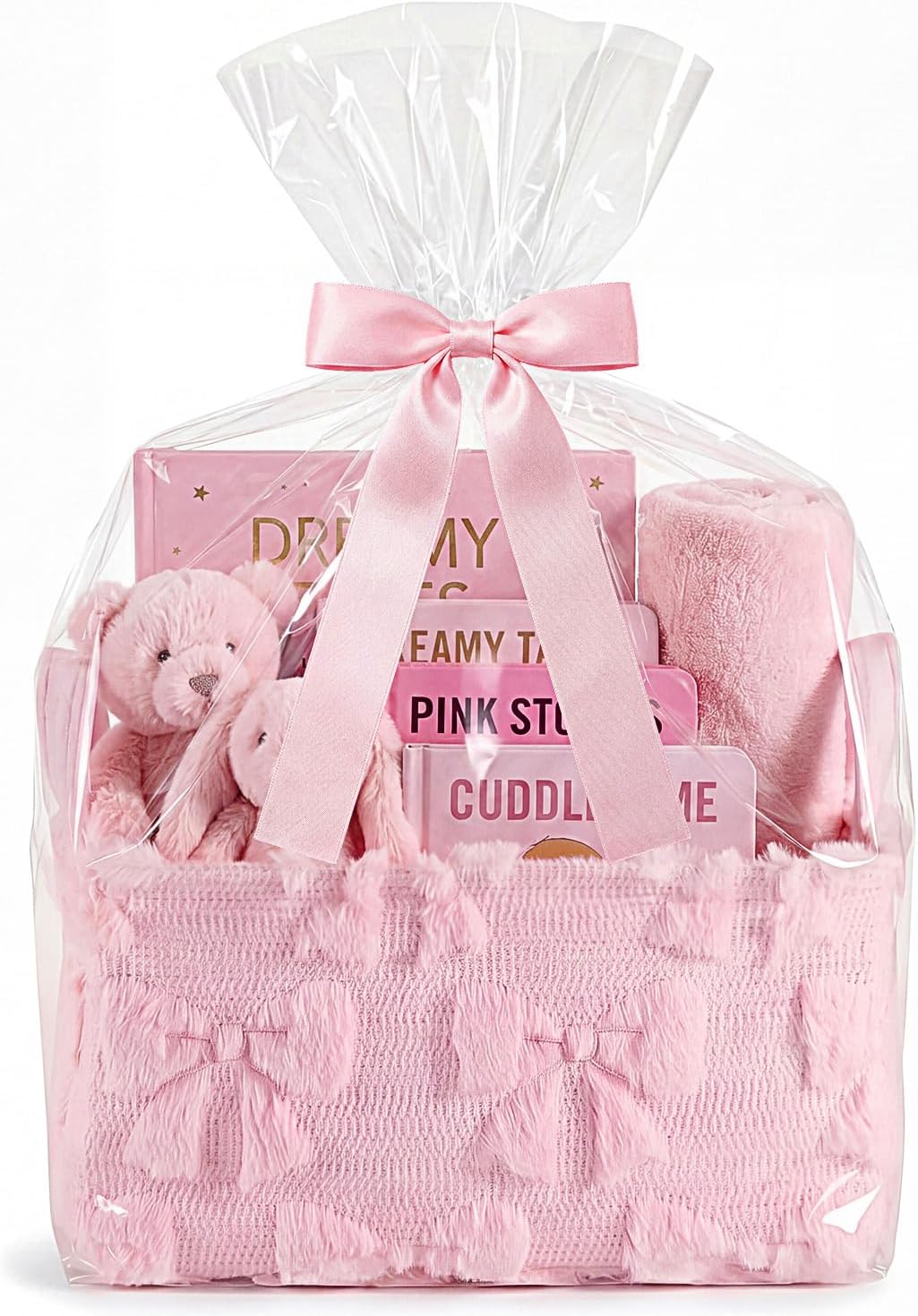 Pink Bow Storage Basket with Handles for Gifts 14 x 11 in Large Bow Basket for Nursery Living Room with Clear Gift Bags and Pink Bows for Wedding Baby Shower Brithday Graduation Party Supply