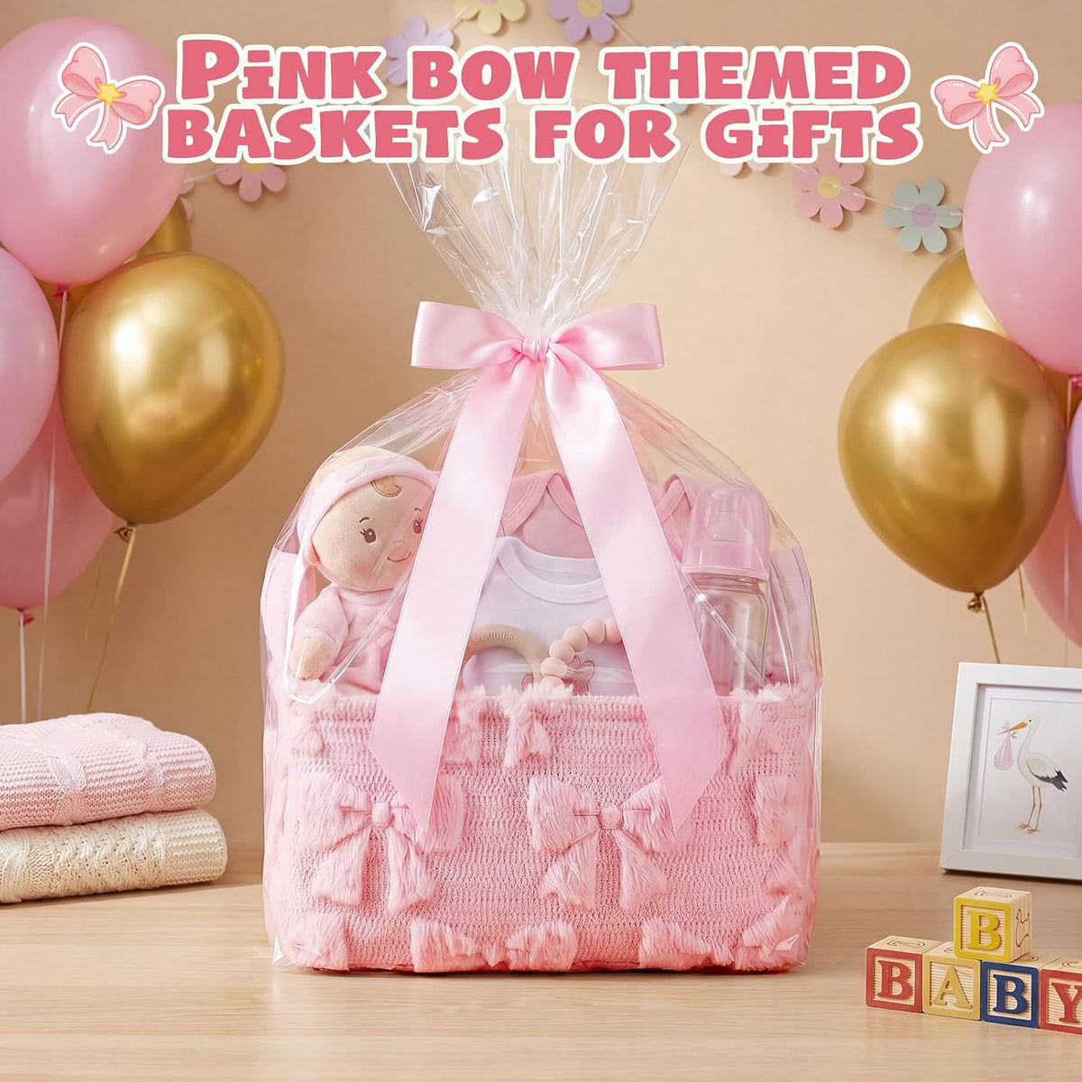 Pink Bow Storage Basket with Handles for Gifts 14 x 11 in Large Bow Basket for Nursery Living Room with Clear Gift Bags and Pink Bows for Wedding Baby Shower Brithday Graduation Party Supply