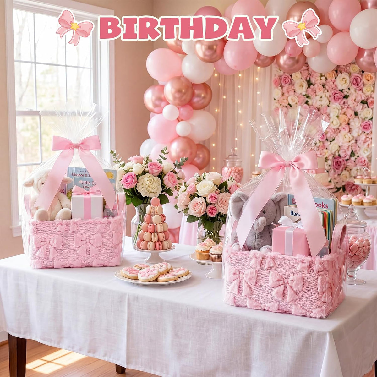 Pink Bow Storage Basket with Handles for Gifts 14 x 11 in Large Bow Basket for Nursery Living Room with Clear Gift Bags and Pink Bows for Wedding Baby Shower Brithday Graduation Party Supply