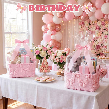 Pink Bow Storage Basket with Handles for Gifts 14 x 11 in Large Bow Basket for Nursery Living Room with Clear Gift Bags and Pink Bows for Wedding Baby Shower Brithday Graduation Party Supply