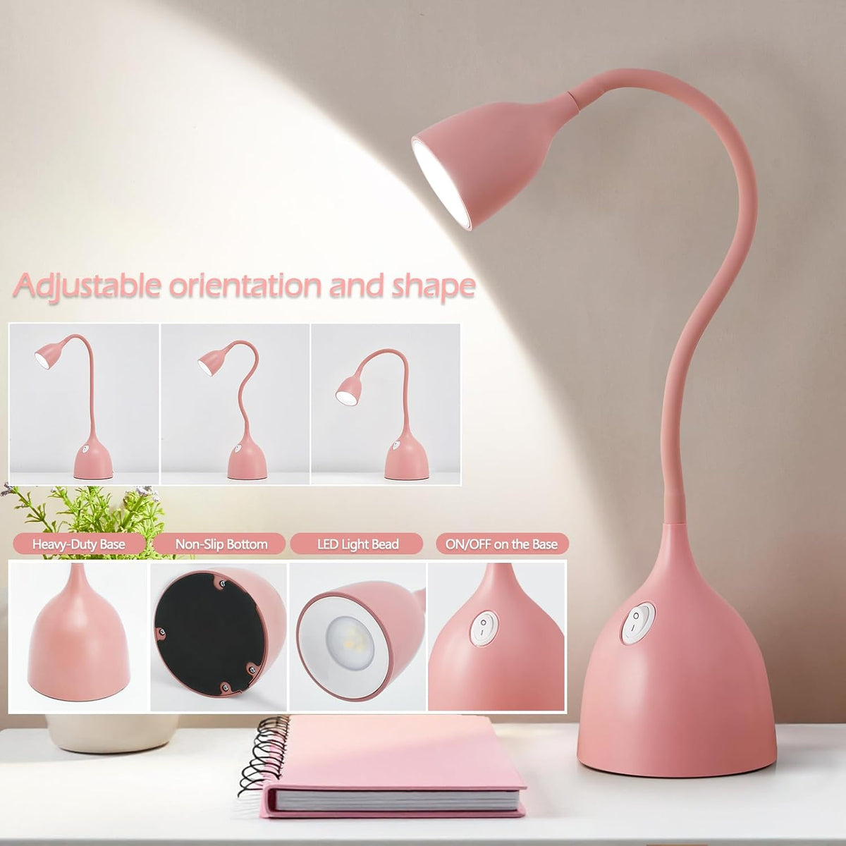 EJIAXIN Desk Lamp for College Dorm Room - LED Reading Light, Pink