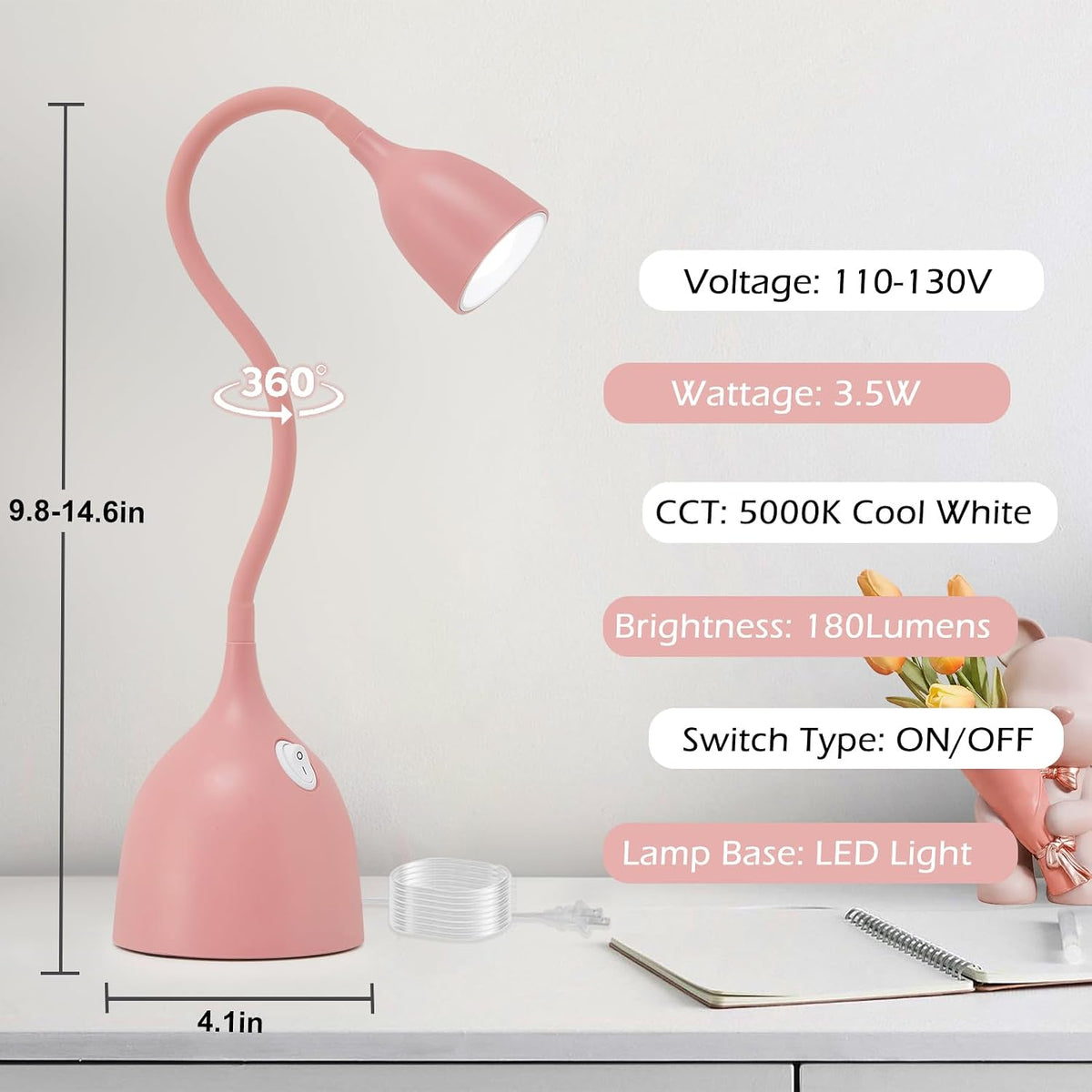 EJIAXIN Desk Lamp for College Dorm Room - LED Reading Light, Pink