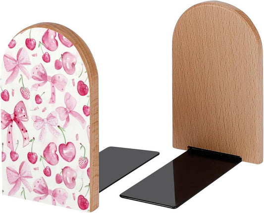 Cute Bows Pink Cherry Book Ends Decorative Wood Bookends for Shelves Kids Room Desk Home Office Book Stoppers for Magazines,Books, DVDs, 1 Pair/2 Pieces(5x3.1 in)