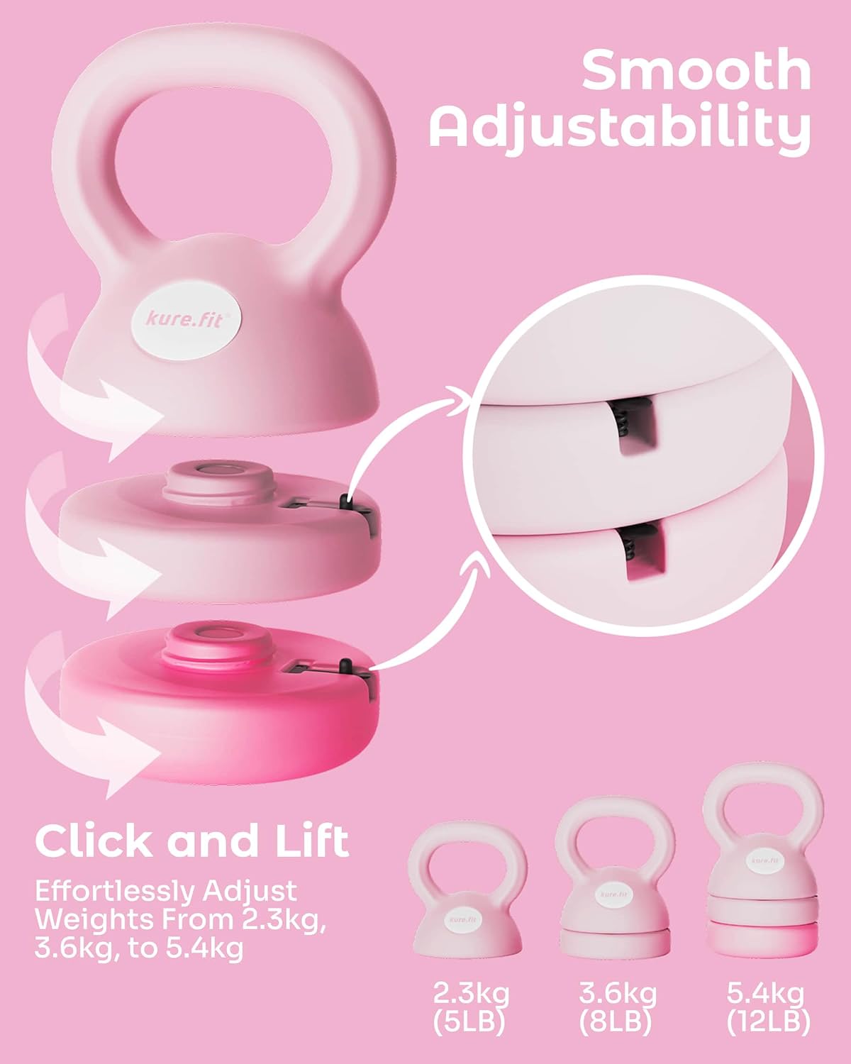 Adjustable Kettlebell for Women | 5LB, 8LB, 12LB | Home Strength Training