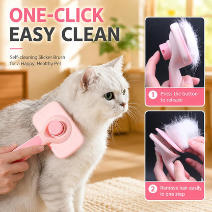 Self-Cleaning Cat Brush for Shedding and Pet Hair Remover Set, Pink