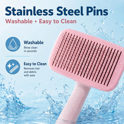 Self-Cleaning Cat Brush for Shedding and Pet Hair Remover Set, Pink