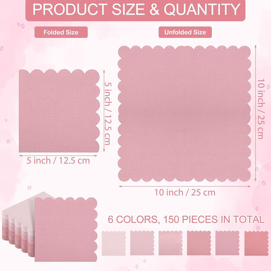 Kochorie 150 Pack Scalloped Napkins Gradient Pink Disposable 2 Ply Mix Color Napkins Beverage Cocktail Napkins for Party Wedding Bridal Shower Dinner, Dusty Pink
