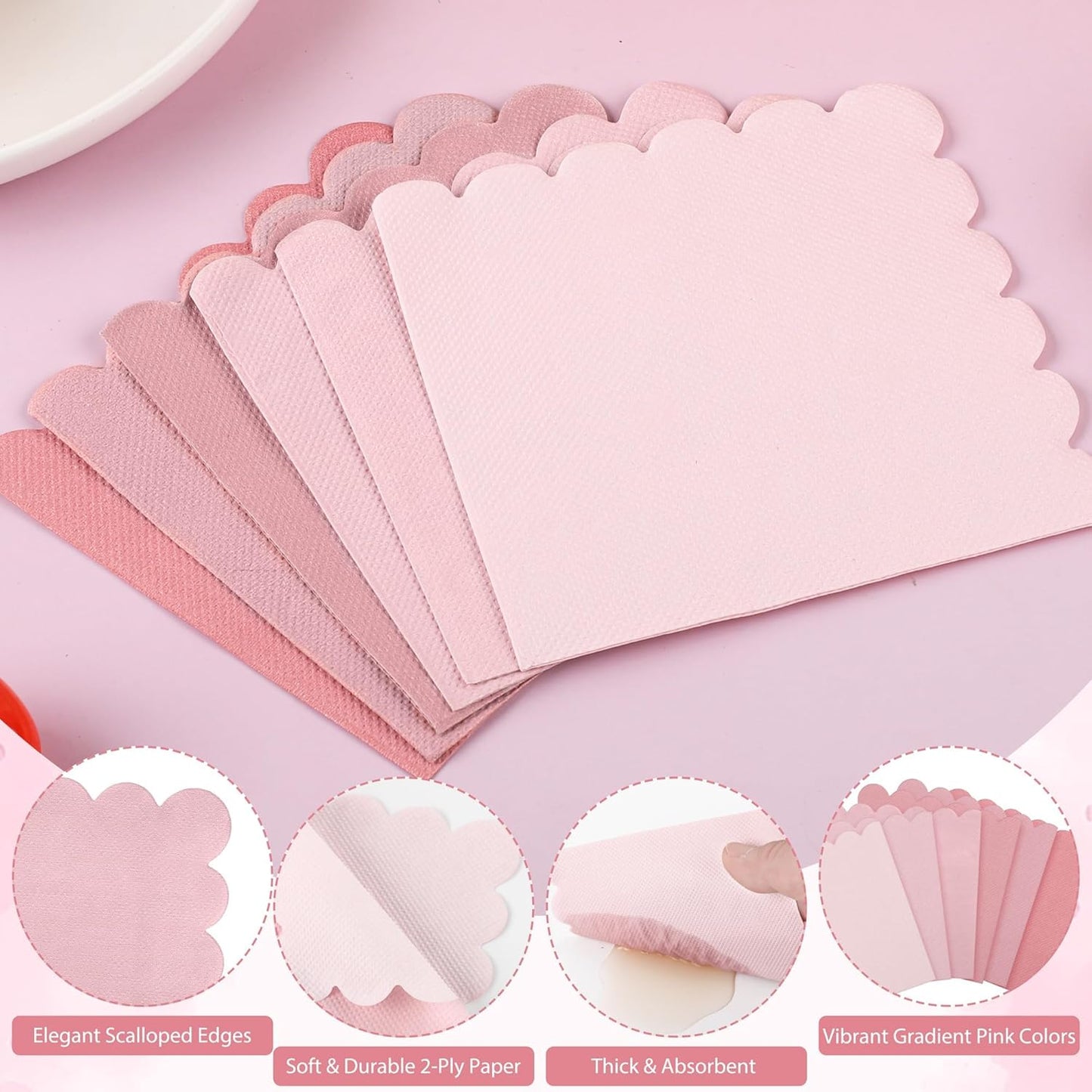 Kochorie 150 Pack Scalloped Napkins Gradient Pink Disposable 2 Ply Mix Color Napkins Beverage Cocktail Napkins for Party Wedding Bridal Shower Dinner, Dusty Pink