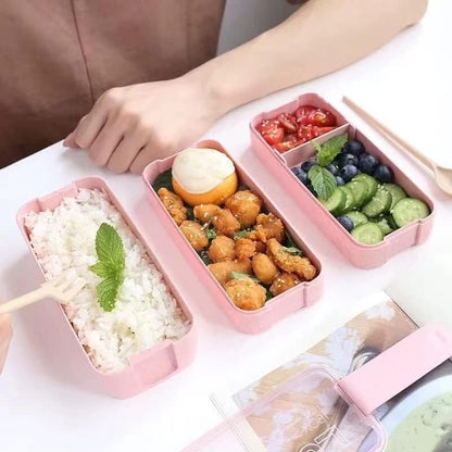 Portable Bento Box, 3-layers Lunch Box, 900ML Wheat Straw Dinnerware Food Storage Container (Pink)