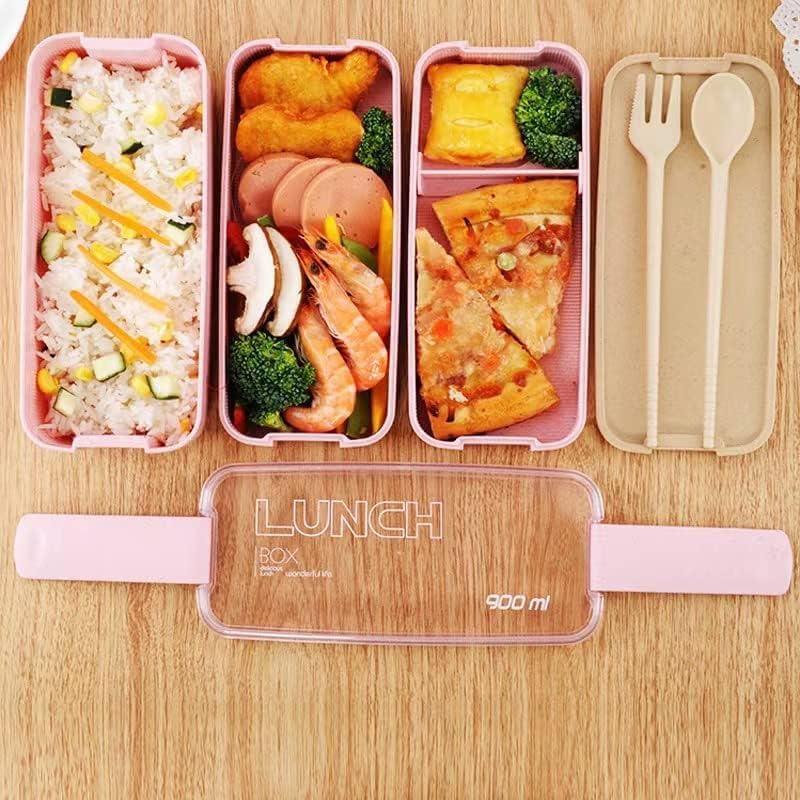 Portable Bento Box, 3-layers Lunch Box, 900ML Wheat Straw Dinnerware Food Storage Container (Pink)