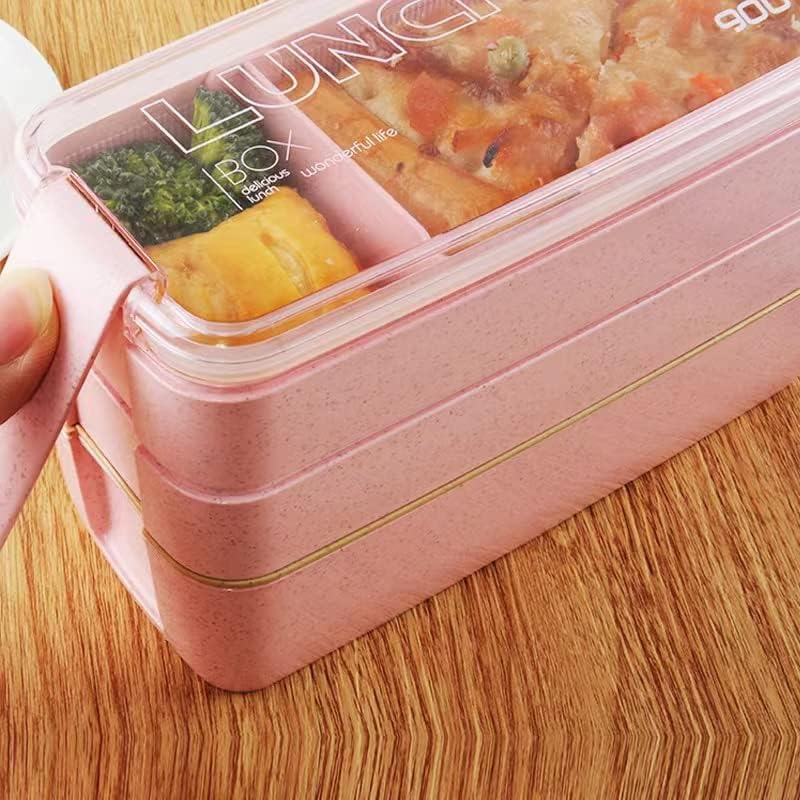 Portable Bento Box, 3-layers Lunch Box, 900ML Wheat Straw Dinnerware Food Storage Container (Pink)